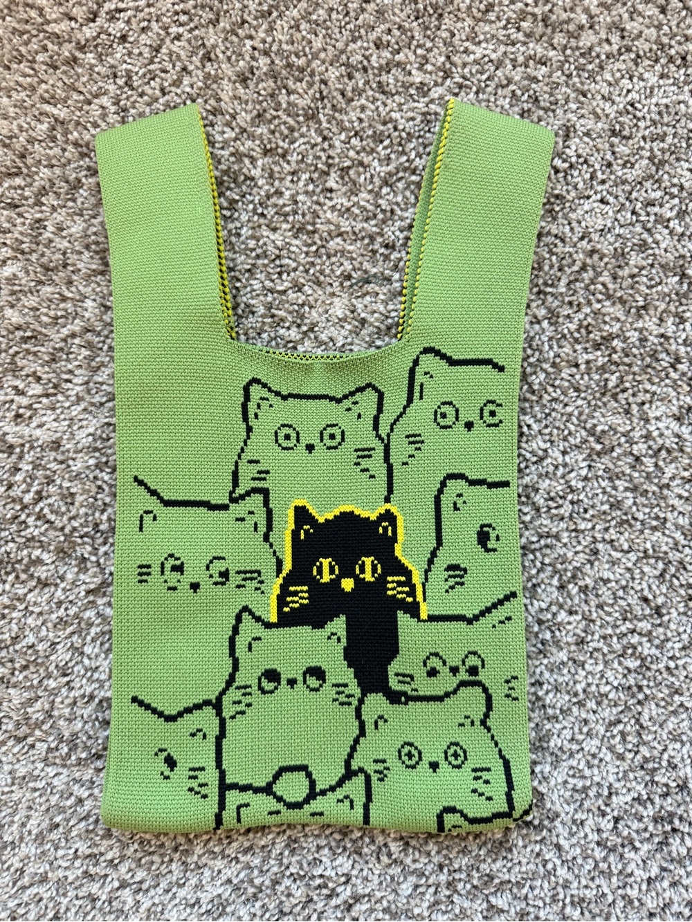 Green Cat Knit Tote Bag with Black Cat Accent - Unbranded